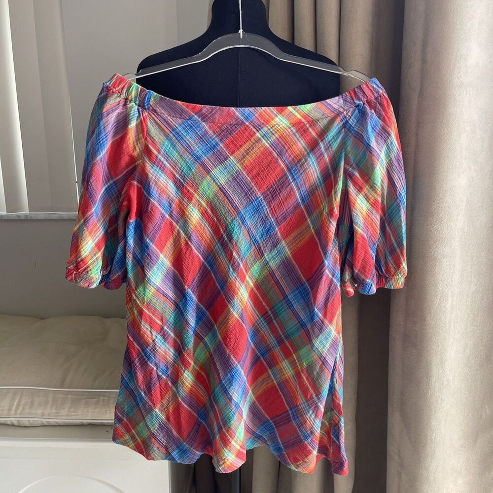$80 LAUREN Ralph Lauren Plaid Madras Crinkle Cotton Off Shoulder Top L - Picture 2 of 9